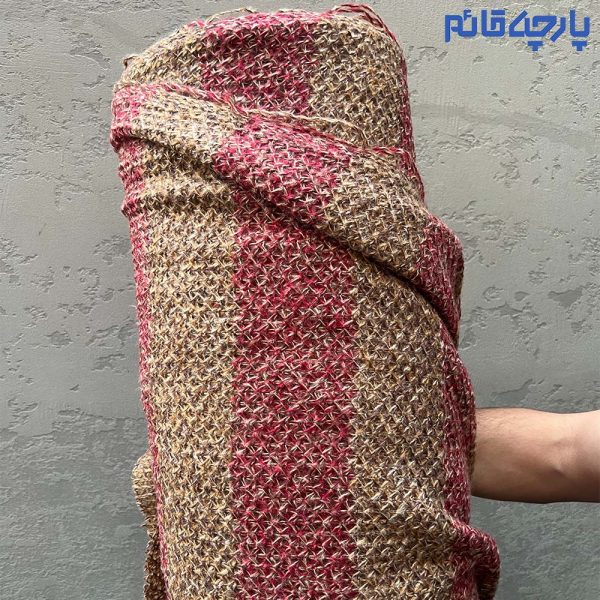 پارچه پاییزه و زمستانه بافت طرح راه راه درشت رنگ خردلی قرمز