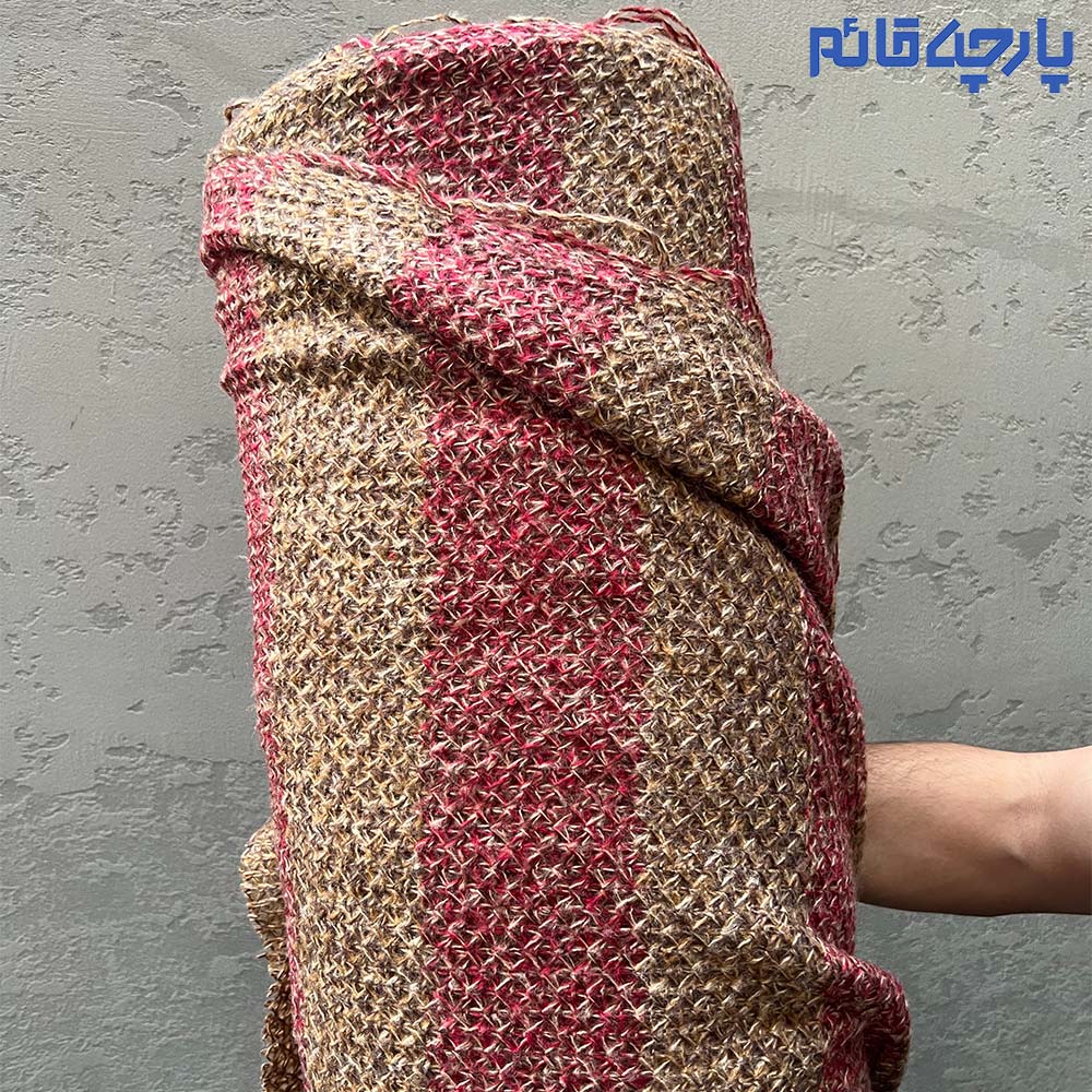 پارچه پاییزه و زمستانه بافت طرح راه راه درشت رنگ خردلی قرمز