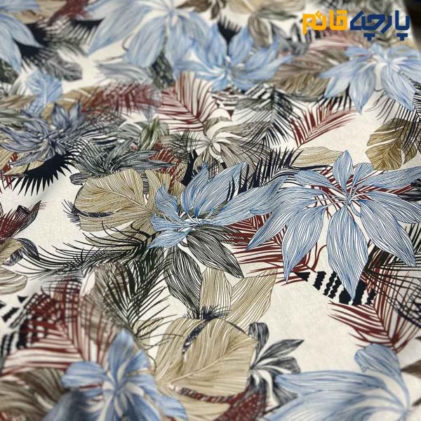 Italian patterned linen, white background, blue and navy flowers
