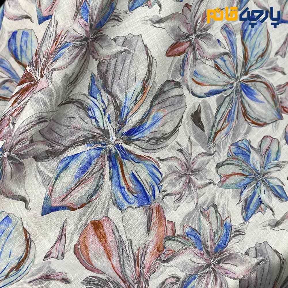 Italian Patterned Linen Fabric White Background Blue Flowers