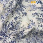 پارچه بهاره تابستانه لینن طرحدار ایتالیایی زمینه کرم روشن گل آبی درباری