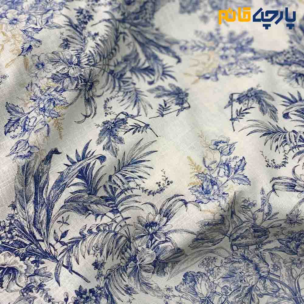 پارچه بهاره تابستانه لینن طرحدار ایتالیایی زمینه کرم روشن گل آبی درباری