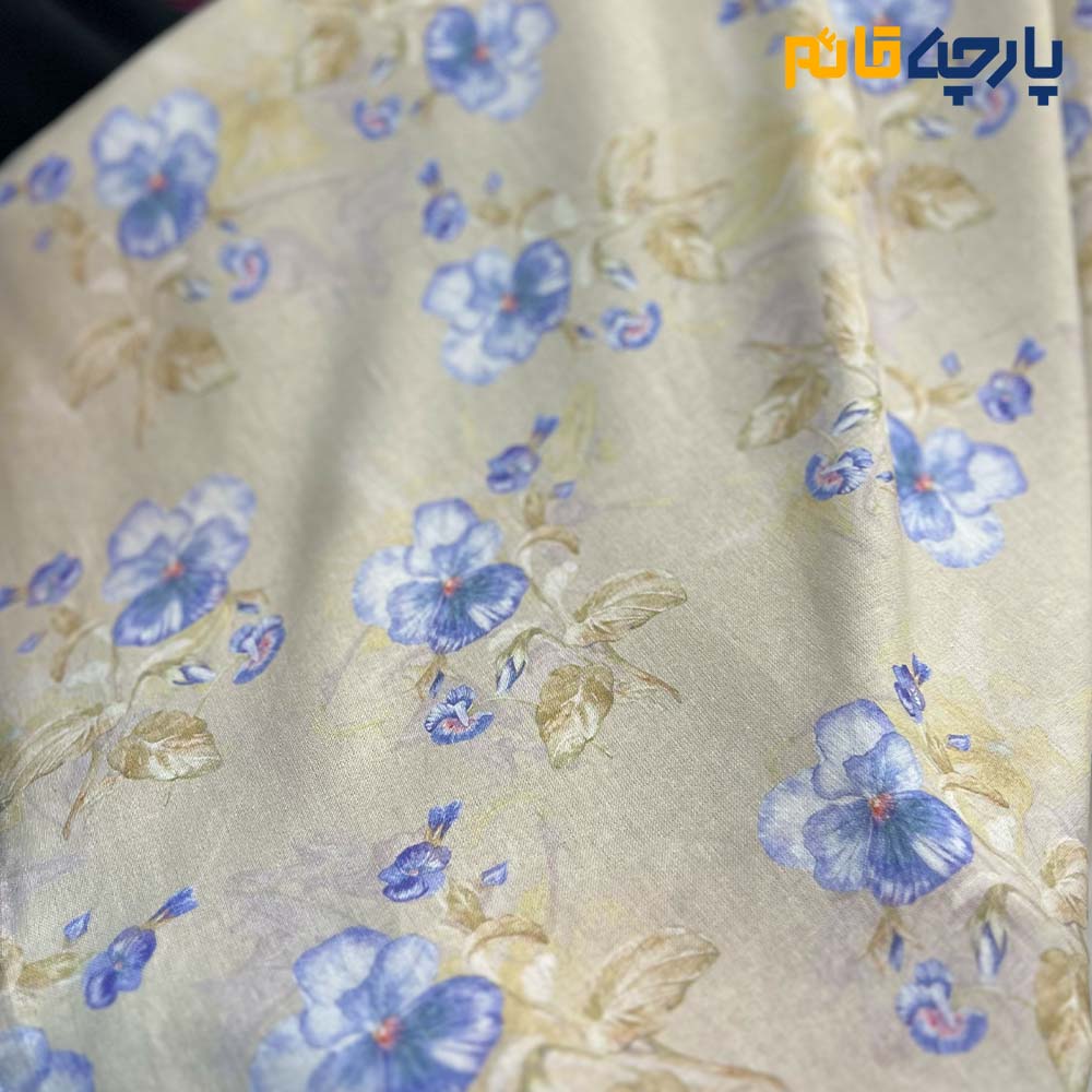 Italian patterned linen fabric, cream green background, purple flowers