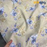 Italian patterned linen fabric, cream green background, purple flowers