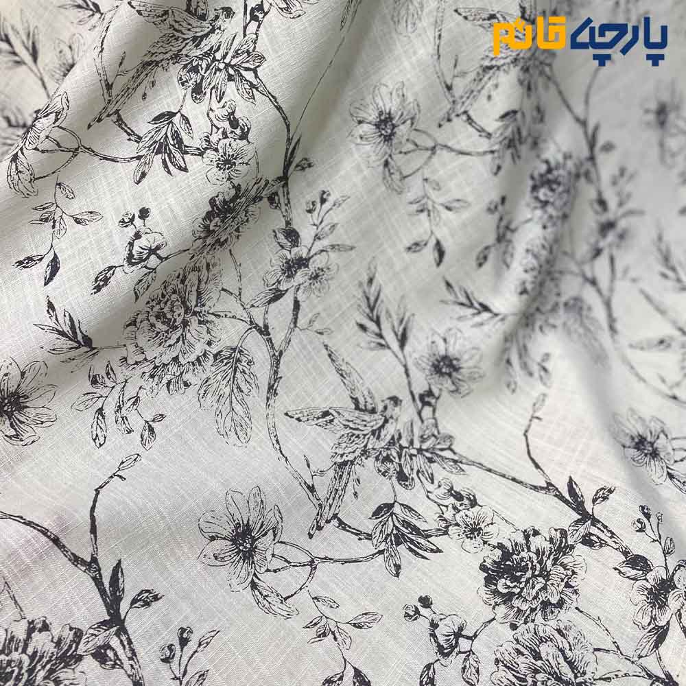 Italian Patterned Linen Fabric Milk Cream Background Black Floral Line