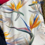 Italian patterned linen fabric with large floral pattern on white background