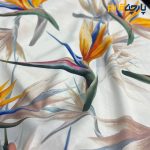 Italian patterned linen fabric with large floral pattern on white background