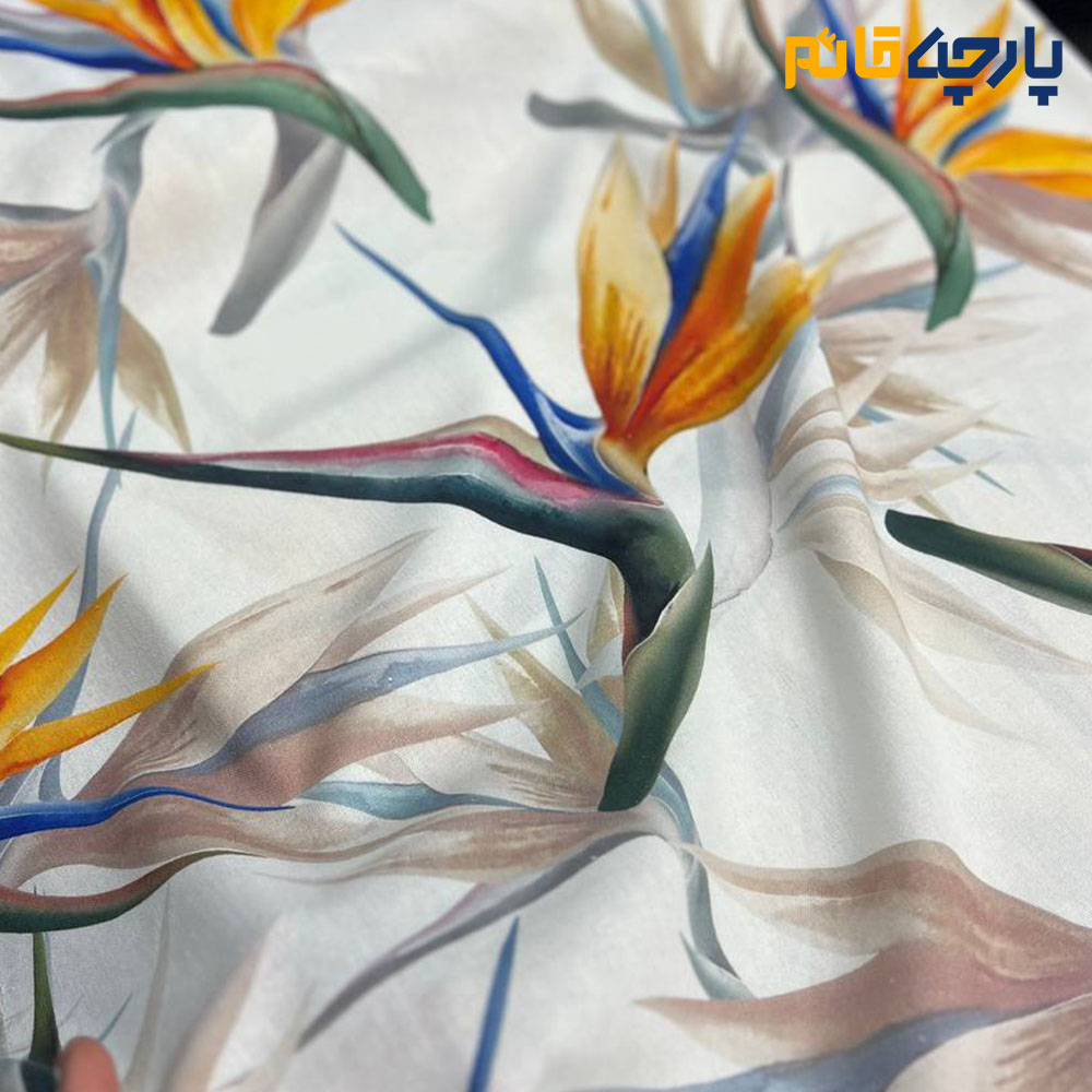 Italian patterned linen fabric with large floral pattern on white background