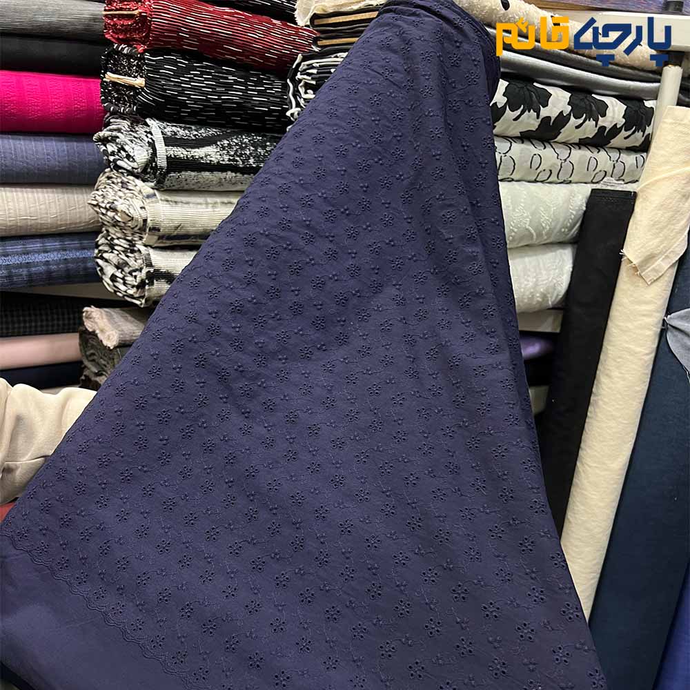 پارچه بهاره و تابستانه وال خامه دوزی کره ای رنگ سرمه ای گل ریز