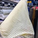 پارچه بهاره و تابستانه وال خامه دوزی کره ای رنگ لیمویی پاستیلی طرح دایره منظم ..
