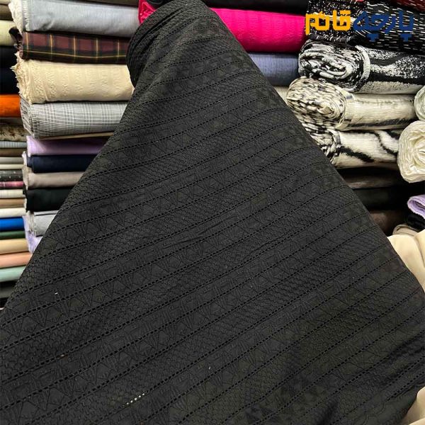 پارچه بهاره و تابستانه وال خامه دوزی کره ای رنگ مشکی طرح خطی ریز تبتی