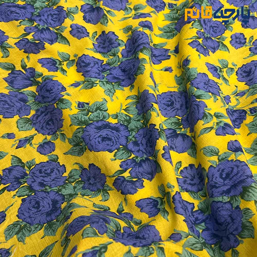 پارچه بهاره و تابستانه وال طرحدار کره خاص زمینه زرد گل آبی نفتی .