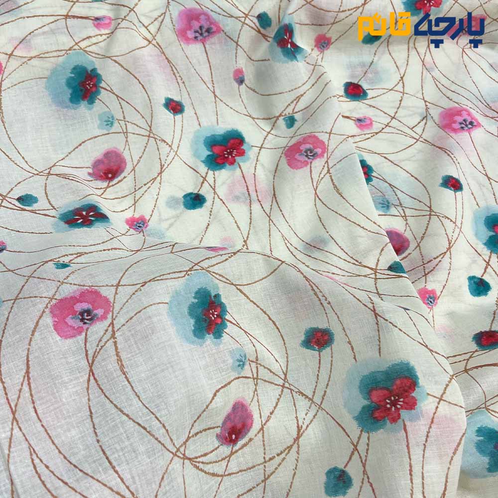 پارچه بهاره و تابستانه وال طرحدار کره رنگ شیری گل رنگی سرخابی