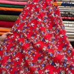 پارچه بهاره و تابستانه وال طرحدار کره زمینه قرمز شاد گل آبی و سفید