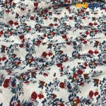 پارچه بهاره و تابستانه وال طرحدار کره سفید گل ریز قرمز .