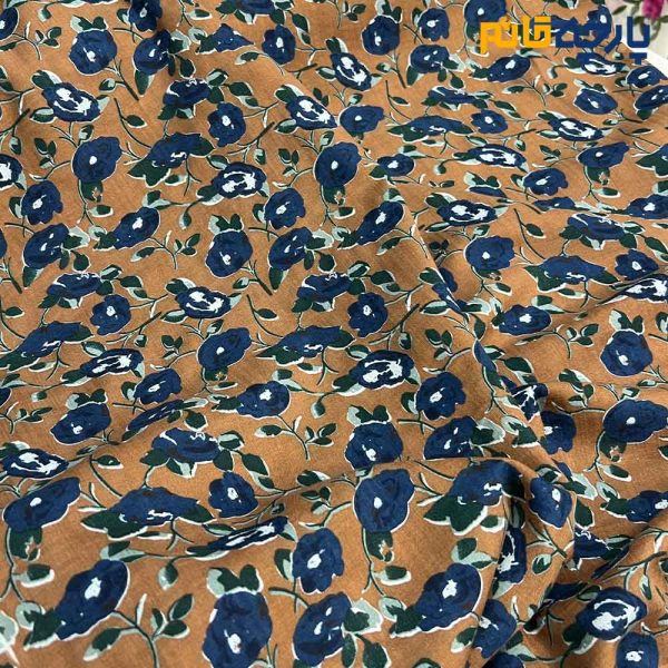پارچه بهاره و تابستانه وال طرحدار کره نارنجی آجری روشن گل سرمه ای روشن