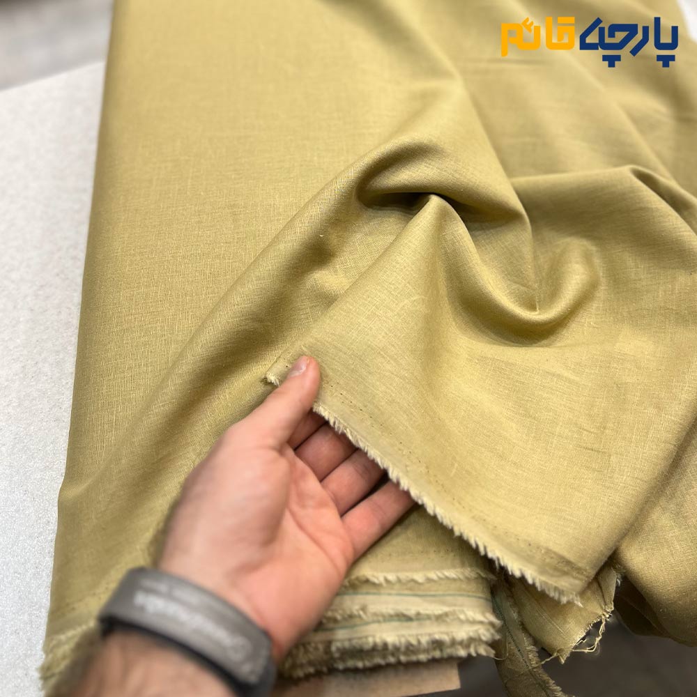 پارچه بهاره تابستانه لینن ایتالیایی رنگ کرم طلایی2