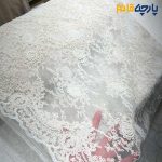 پارچه مجلسی تور کتان قیطون دوزی ظریف حاشیه دار رنگ کرم طبیعی (نچرال)