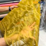 پارچه مجلسی دانتل ایتالیایی رنگ خردلی زمینه اورگاندی طرح خطی