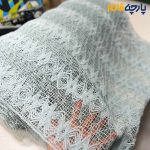 پارچه مجلسی دانتل ایتالیایی رنگ سبز آبی روشن خاص طرح خطی و زیگزال متوسط