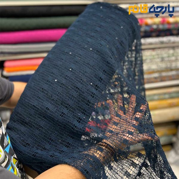 پارچه مجلسی دانتل ایتالیایی رنگ سبز آبی(کله غازی) تیره طرح ریز خطی پولک دوزی