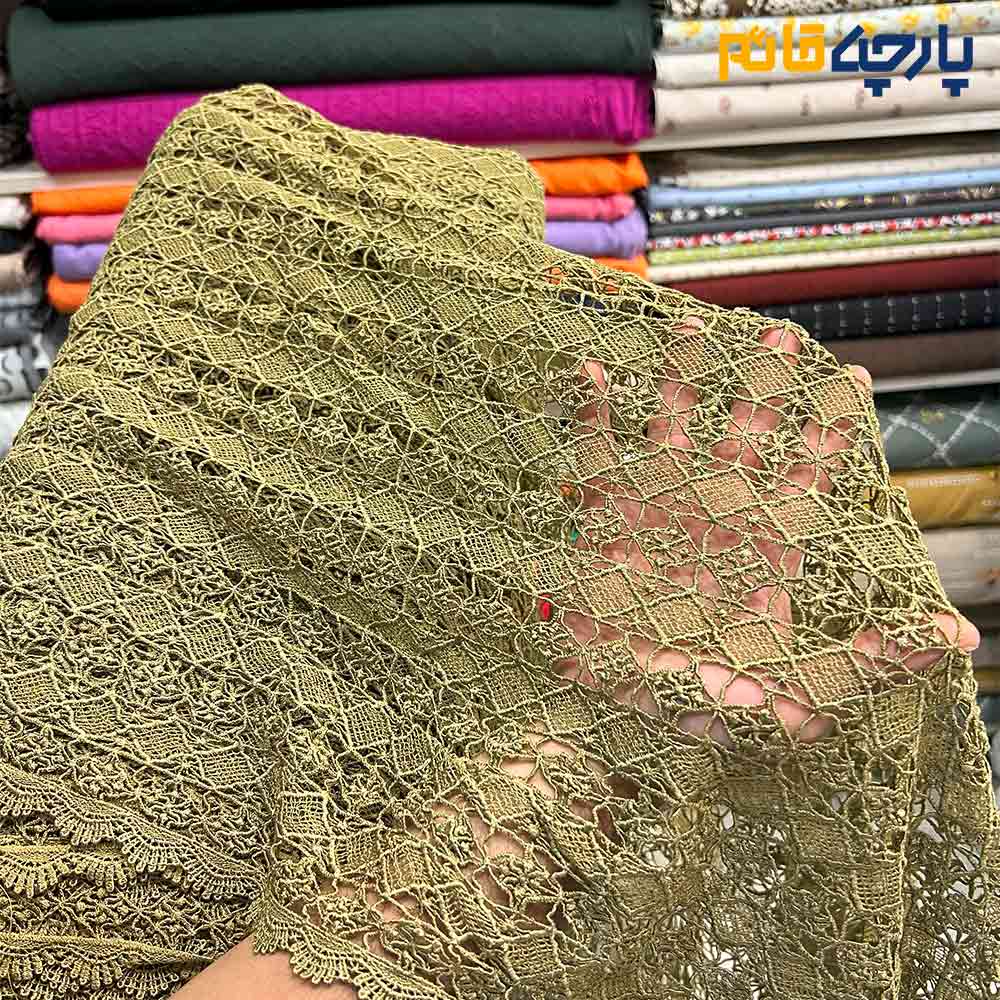 پارچه مجلسی تور کتان طرح ریز رنگ سبز زیتونی حاشیه دار