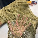 پارچه مجلسی تور کتان طرح ریز رنگ سبز زیتونی حاشیه دار