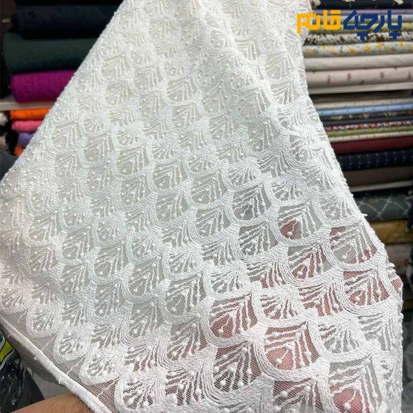 پارچه مجلسی تور کتان طرح داماس رنگ سفید
