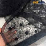پارچه مجلسی دانتل مشکی زمینه اورگاندی گل برجسته