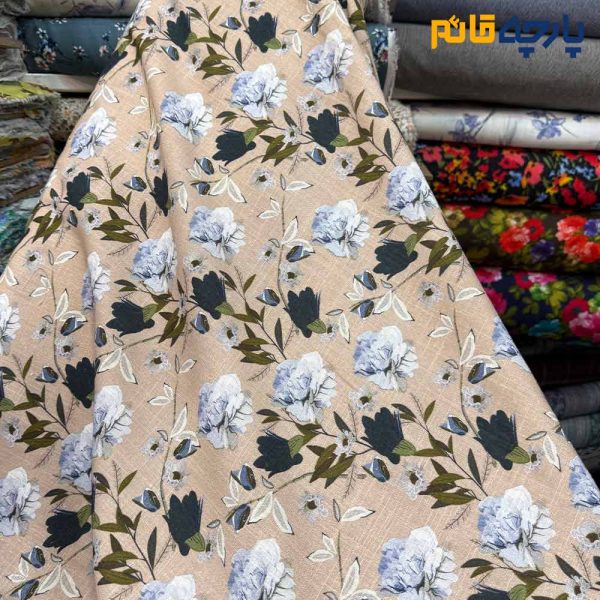 پارچه بهاره تابستانه لینن طرحدار ایتالیایی زمینه کرم صورتی روشن گل رنگی