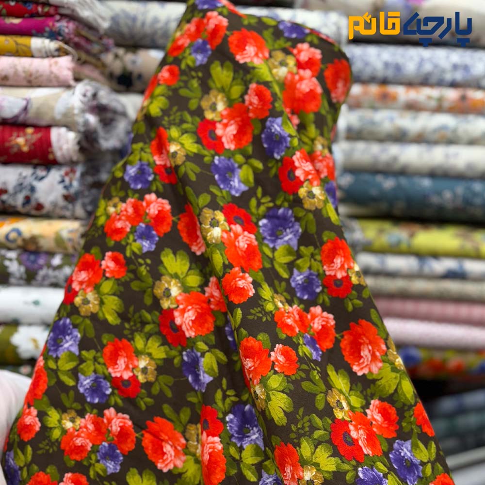 پارچه بهاره و تابستانه لینن طرحدار کره ای زمینه زیتونی تیره گل رز رنگی شاد