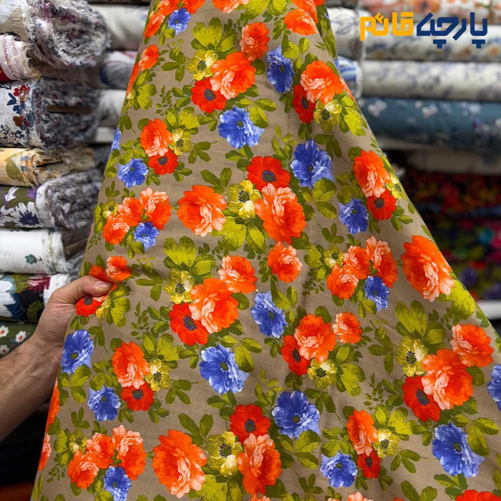 پارچه بهاره و تابستانه لینن طرحدار کره ای زمینه زیتونی روشن گل رز رنگی شاد