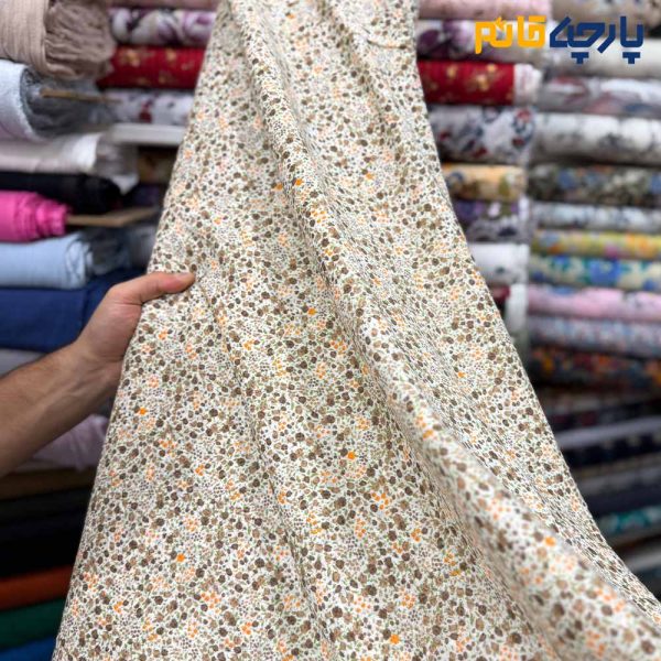 پارچه بهاره و تابستانه وال طرحدار کره ای گل ریز قهوه ای نارنجی
