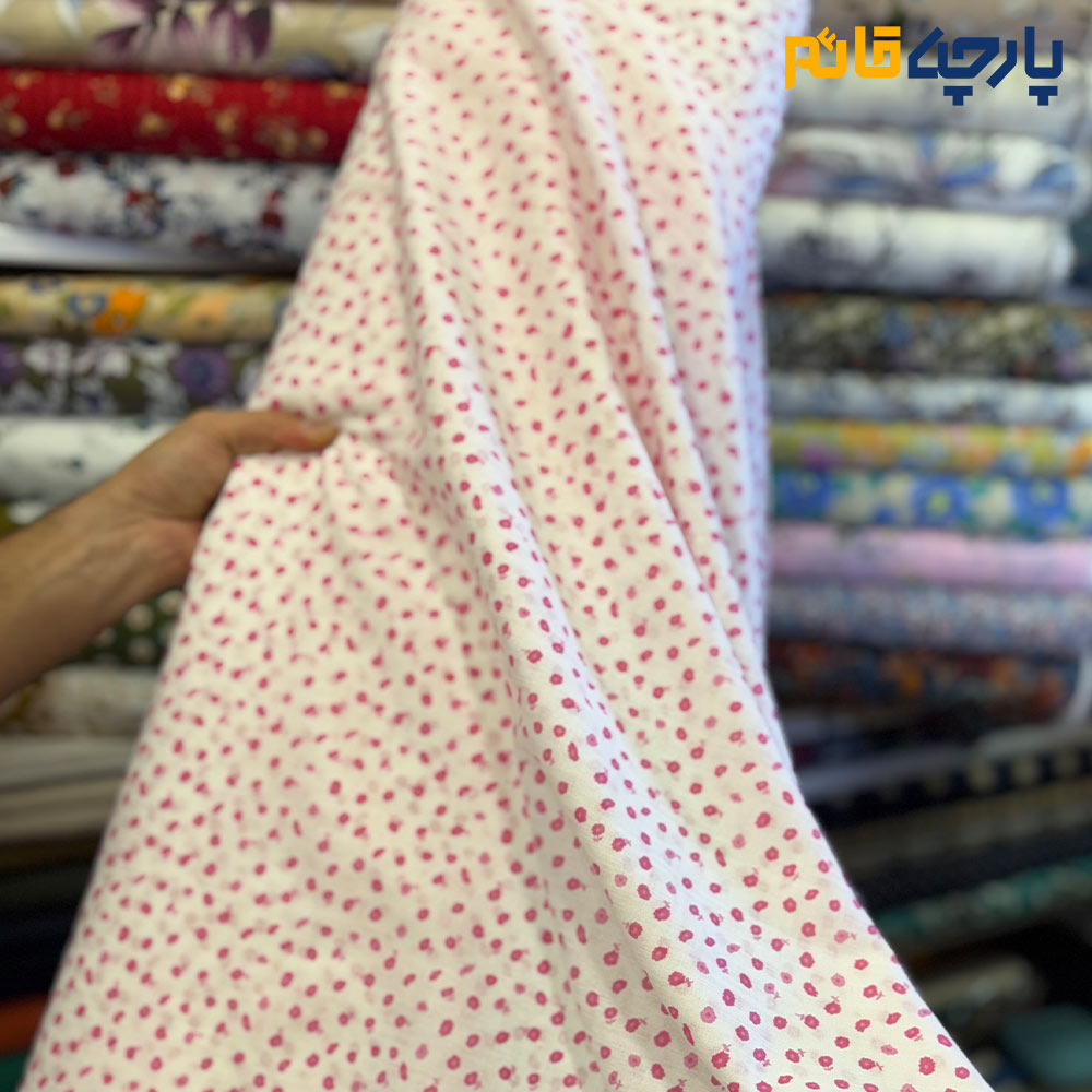 پارچه بهاره و تابستانه وال طرحدار کره ای گل ریز سرخابی زمینه سفید