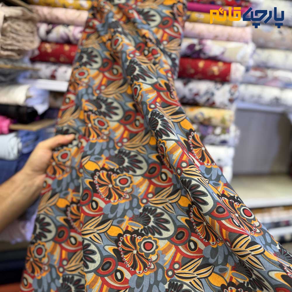 پارچه بهاره و تابستانه وال طرحدار کره ای زمینه نگتیرع طرح نارنجی و آبی