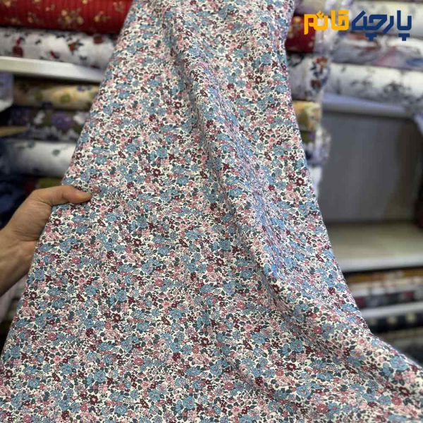 پارچه بهاره و تابستانه کتان نخ کره ای ظریف کشی طرحدار گل ریز رنگ شاد