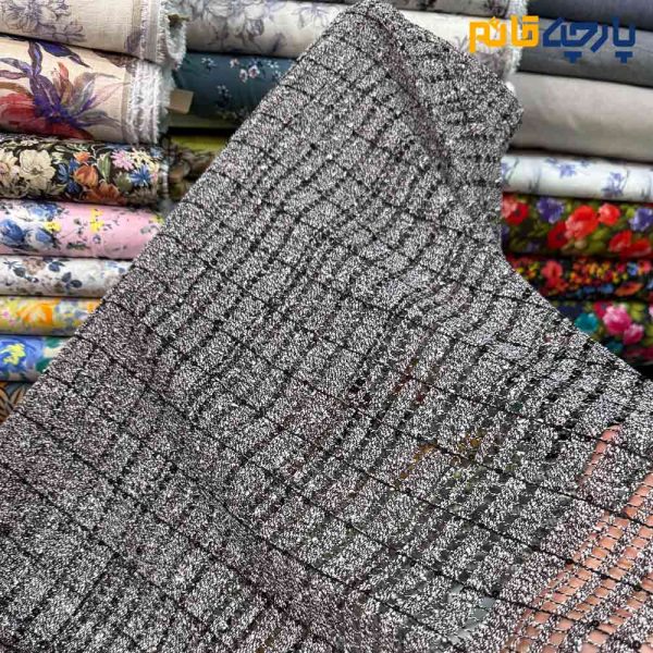 پارچه مجلسی تور کتان ایتالیایی طرح مستطیلی رنگ طوسی مشکی