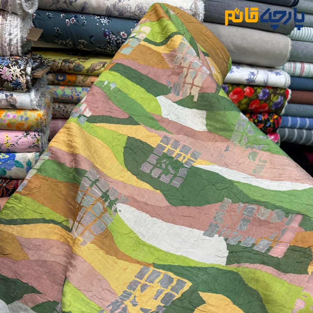پارچه مجلسی دانتل اورگاندی ایتالیایی طرح طبیعت رنگ سبز تیره و روشن و خردلی