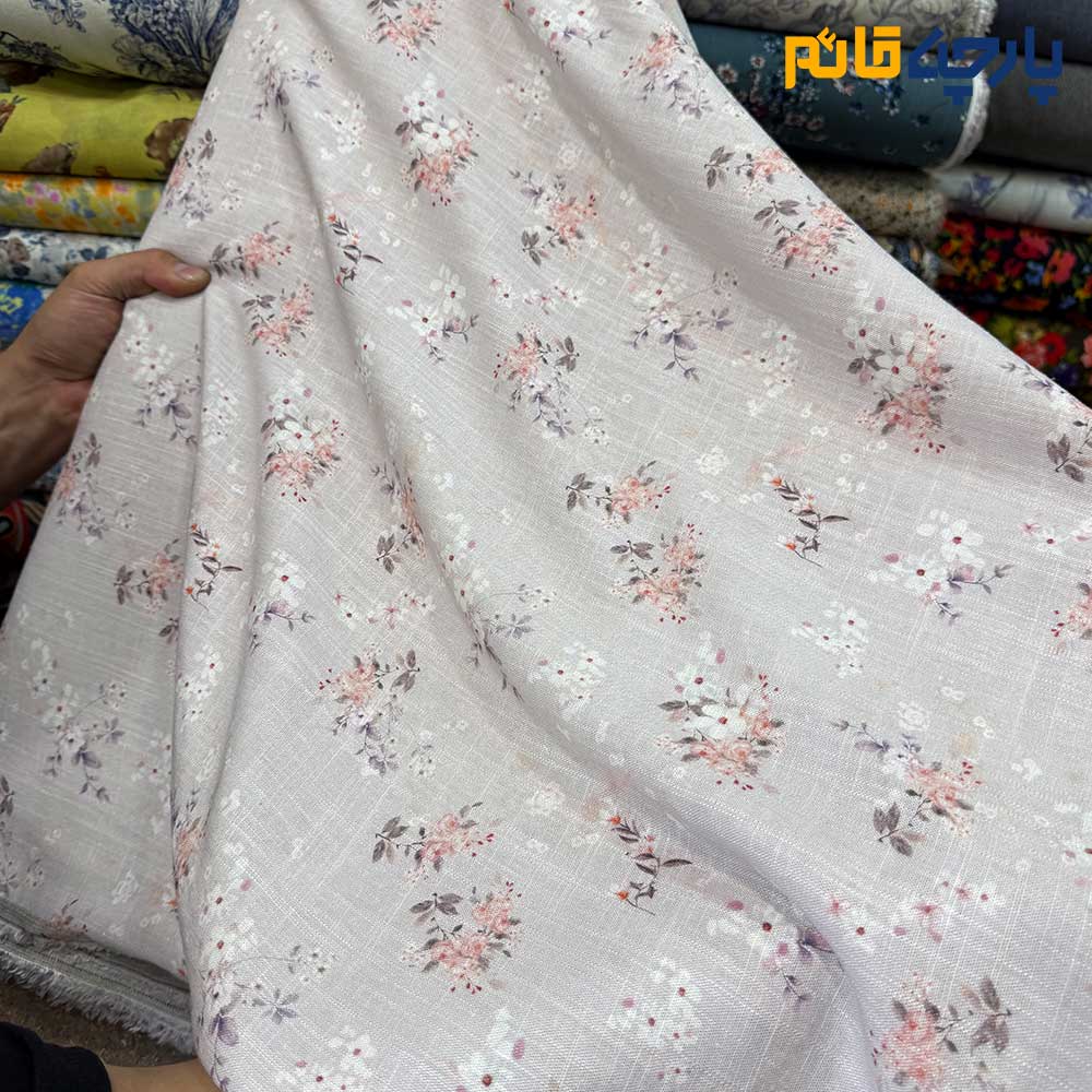 پارچه بهاره تابستانه لینن طرحدار ایتالیایی گل ریز زمینه طوسی یاسی