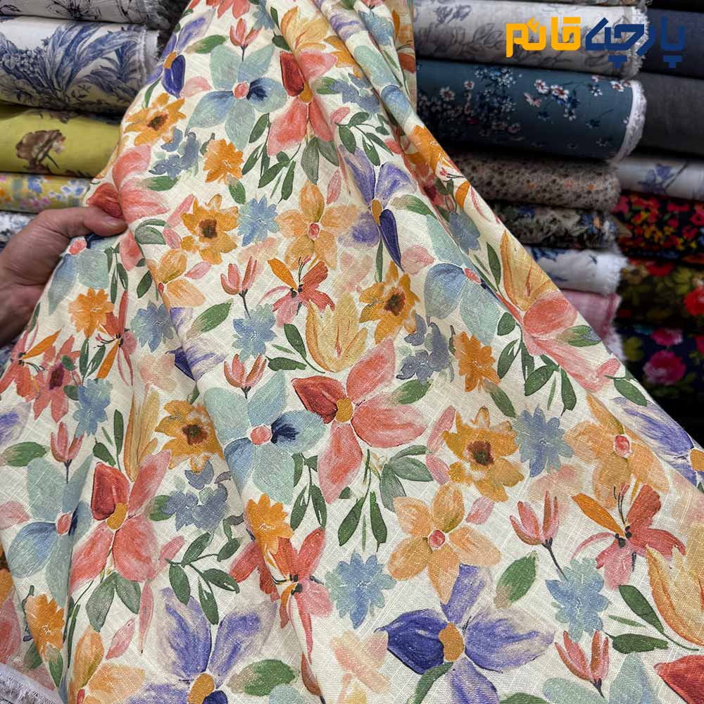پارچه بهاره تابستانه لینن طرحدار ایتالیایی زمینه هلویی گل رنگی