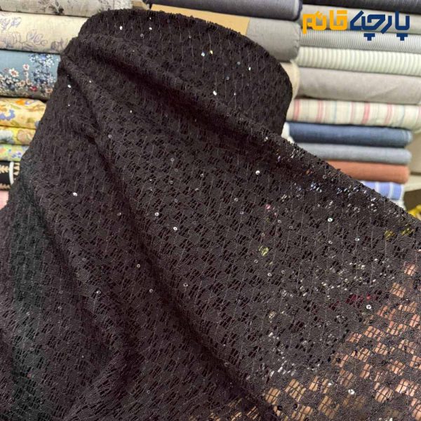 پارچه مجلسی تور کتان ایتالیایی رنگ مشکی طرح مربعی لمه دوزی