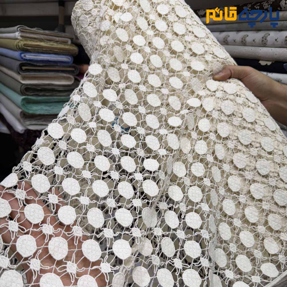 پارچه مجلسی تور کتان کره طرح دایره ای رنگ کرم طبیعی(نچرال)