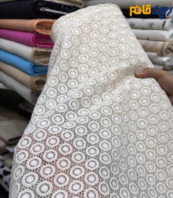 پارچه مجلسی تور کتان کره طرح دایره متوسط رنگ کرم طبیعی(نچرال)