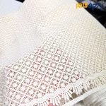پارچه مجلسی تور کتان کره حاشیه دار طرح دایره مربع برجسته رنگ کرم طبیعی(نچرال)