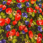 پارچه بهاره و تابستانه لینن طرحدار کره ای زمینه زیتونی تیره گل رز رنگی شاد