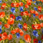 پارچه بهاره و تابستانه لینن طرحدار کره ای زمینه زیتونی روشن گل رز رنگی شاد