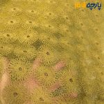 پارچه مجلسی تور کتان ایتالیایی طرح کل ریز و خط رنگ خردلی متوسط