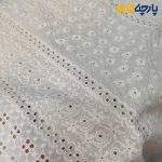 پارچه بهاره و تابستانه وال خامه دوزی کره ای رنگ کرم طبیعی (نچرال) طرح پر گل و خطی
