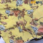 پارچه بهاره و تابستانه وال طرحدار کره ای زمینه خردلی روشن گل کرم نسکافه ای و آبی