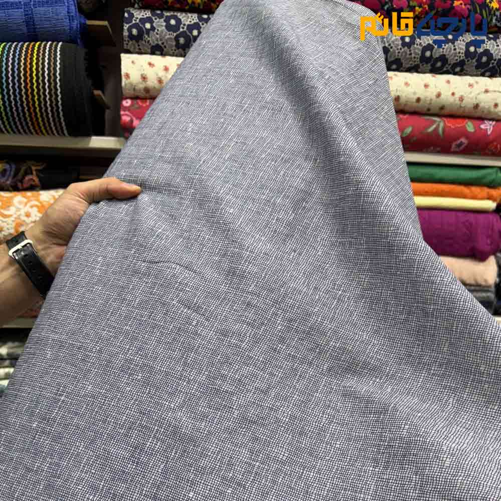 پارچه بهاره و تابستانه لینن طرحدار کره ای طرح مربع ریز نامنظم رنگ سرمه ای نقره ای